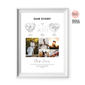 Cadeau personnalisé de collage de carte d'histoire d'amour ; Cadeau d'anniversaire minimaliste avec photo de mariage, de fiançailles et de couple ; Souvenir artistique de couple Milestone