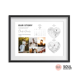 Carte et collage de photos de l'histoire d'amour d'un couple ; Cadeau artistique jalon personnalisé ; Cadeau de Saint-Valentin minimaliste avec photos de mariage et de fiançailles