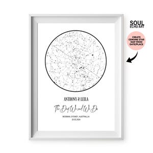 Carte des étoiles personnalisée pour une date spéciale ; Mariage personnalisé, anniversaire, fiançailles, cadeau de la Saint-Valentin ; Cadeau déco romantique unique pour couple