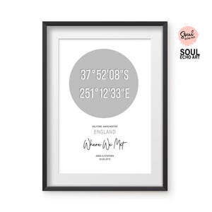 Art mural minimaliste personnalisé pour coordonnées de carte : cadeau de mariage pour elle, lui, couple, endroit spécial où vous vous êtes rencontrés, fiancés ou mariés