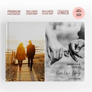Libro de historias de amor personalizado / Fotolibro de pareja personalizado con mapa de lugares, mapa estelar, canción, código QR y notas / Plantilla de Canva personalizada y diseño personalizado