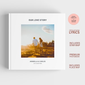 Regalo de fotolibro premium para pareja / Servicio de diseño de fotolibro personalizado con mapa de lugares, mapa de estrellas y letras de canciones / Plantilla Canva personalizada