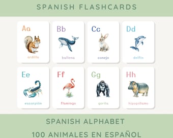 Tarjetas didácticas del alfabeto de animales en español para niños: Tarjetas de aprendizaje Montessori, currículo preescolar, materiales para la educación en casa (descarga digital)