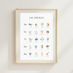 May include: A colorful educational chart with the title "LAS VOCALES" in Spanish. The chart features the Spanish vowels A, E, I, O, and U, each with a corresponding illustration and Spanish word.