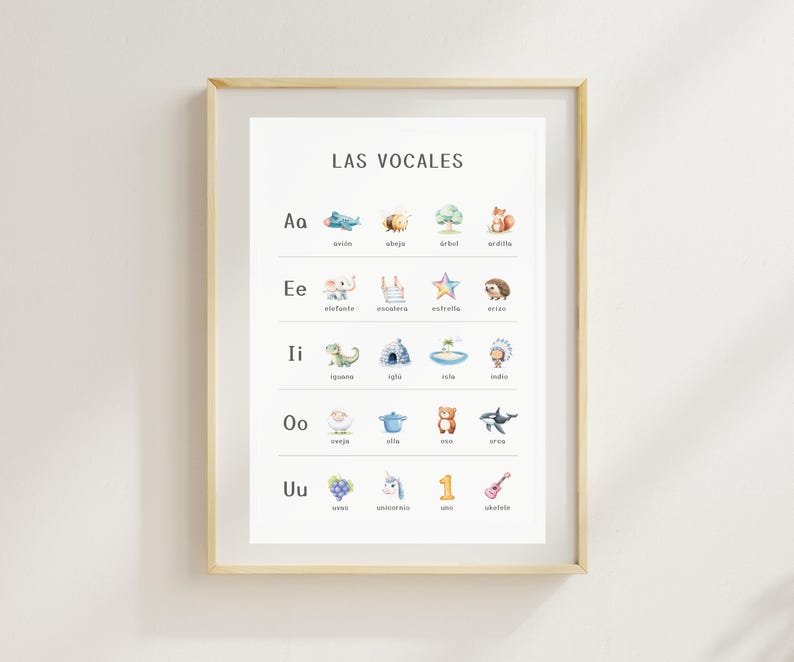 May include: A colorful educational chart with the title "LAS VOCALES" in Spanish. The chart features the Spanish vowels A, E, I, O, and U, each with a corresponding illustration and Spanish word.