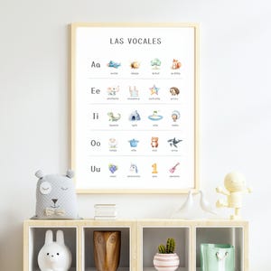 May include: A colorful educational poster with the title "Las Vocales" and illustrations of animals and objects for each vowel sound in Spanish. The vowels are Aa, Ee, Ii, Oo, and Uu.