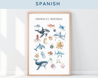Spanish Educational Poster for Classroom: Spanish Printable Art, ABC Poster, Under the Sea Print, Ocean Animal Wall Art, Homeschool Decor