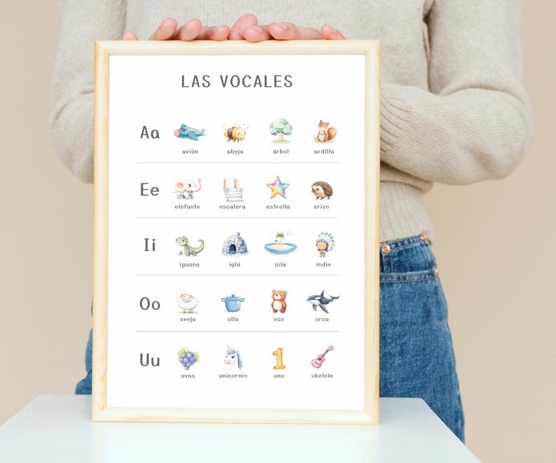 May include: A colorful educational poster with the title "LAS VOCALES" and illustrations of various animals and objects representing each vowel sound in Spanish. The vowels are displayed in a grid format with the letter and corresponding image.