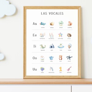 May include: A colorful educational poster with the Spanish alphabet, featuring illustrations of animals, objects, and words for each vowel. The poster is titled "LAS VOCALES" and includes the vowels A, E, I, O, and U.