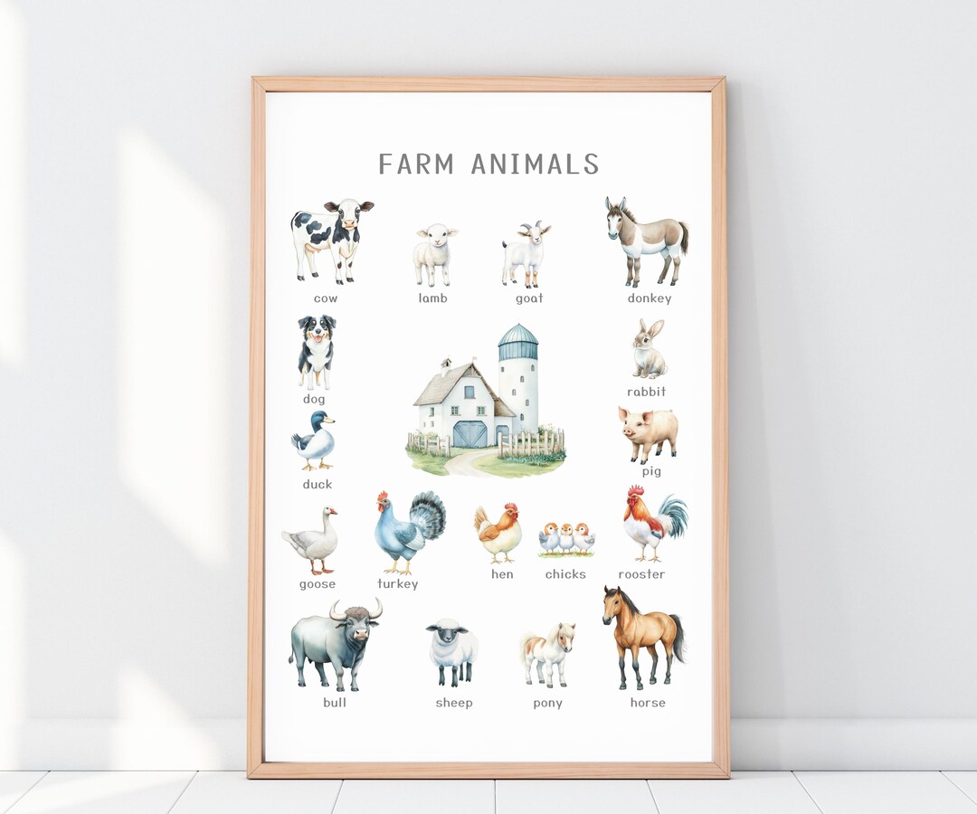 Farm Animals Educational Poster for Kids: Montessori Classroom Wall Art ...