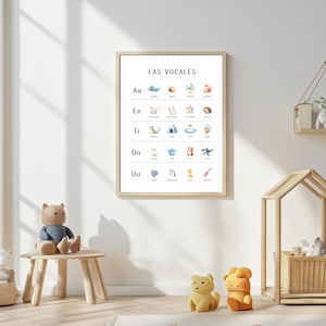 May include: A white framed poster with the title "Las Vocales" and illustrations of animals and objects representing each vowel sound in Spanish. The poster is hanging on a white wall in a room with a wooden floor.