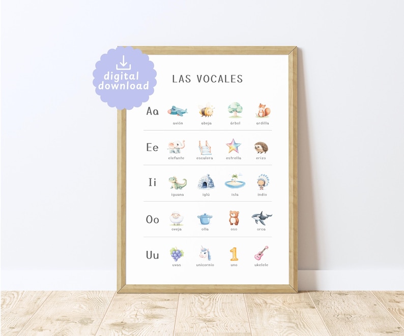May include: A colorful educational poster with the title "LAS VOCALES" and illustrations of various animals and objects, each representing a Spanish vowel sound.