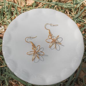 Gold Flower Wire Earrings: Handmade Copper Dangle Earrings