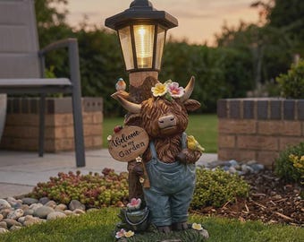 Floral Standing Highland Cow Solar Lamp Post, Garden Decoration