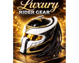 Predator Motorcycle Helmet Custom | Futuristic Biker Helmet Full Face | Unique Black & Gold Rider Gear