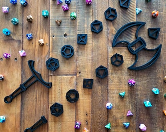 Fantasy Weapon Dice Wall Art Set DnD Dungeons and Dragons Inspired Sword Axe D4 D6 D8 D10 D12 D20 Wall Décor Nerdy Gamer Gift Tabletop RPG