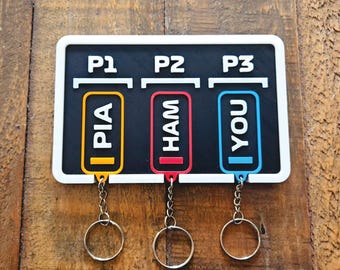 F1 Grid-Style Keys Holder Wall Mount P1 P2 P3 with Personalized or Driver Keychains 2025 Formula One Christmas Gift 3 Person Home Décor