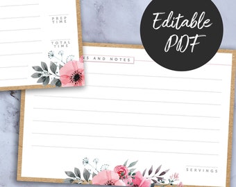 Könnte beinhalten: Druckbare Rezeptkarten mit floralem Design. Die Karten haben Abschnitte für Zutaten, Rezeptname, aus der Küche von, Vorbereitungszeit, Gesamtzeit, Anweisungen und Notizen sowie Portionen.