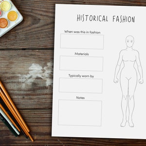 Historical Fashion Printable Worksheet - history study through fashion, creative homeschool, fashionista, medieval, early american