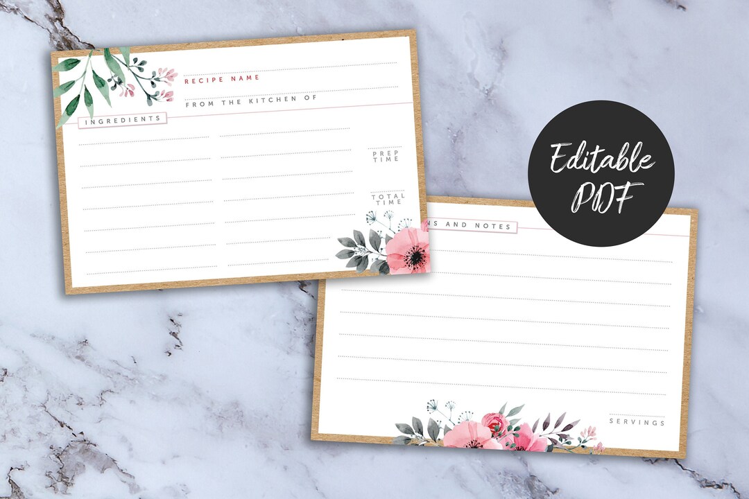Floral Printable Recipe Cards - Double Sided Editable PDF, Diy, Recipe ...