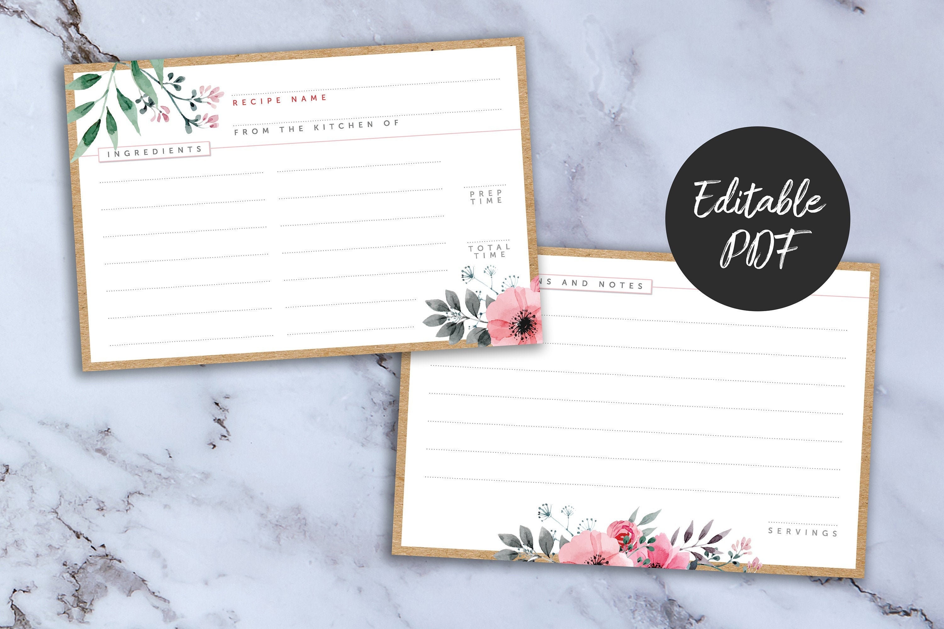 Floral Printable Recipe Cards Double Sided Editable PDF, Diy, Recipe