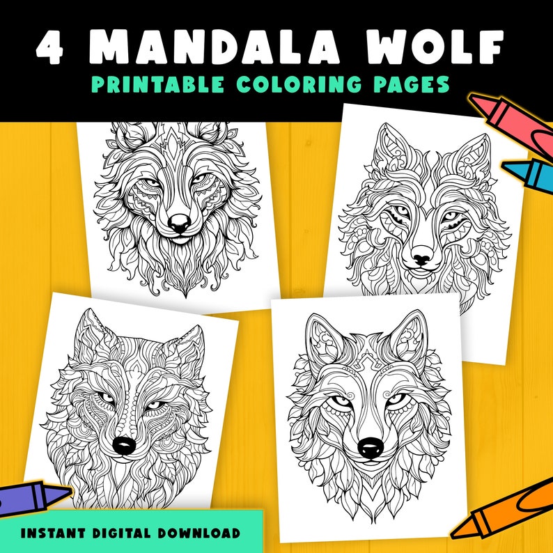 4 Mandala Wolf Coloring Pages for Kids, Printable File, Digital Files