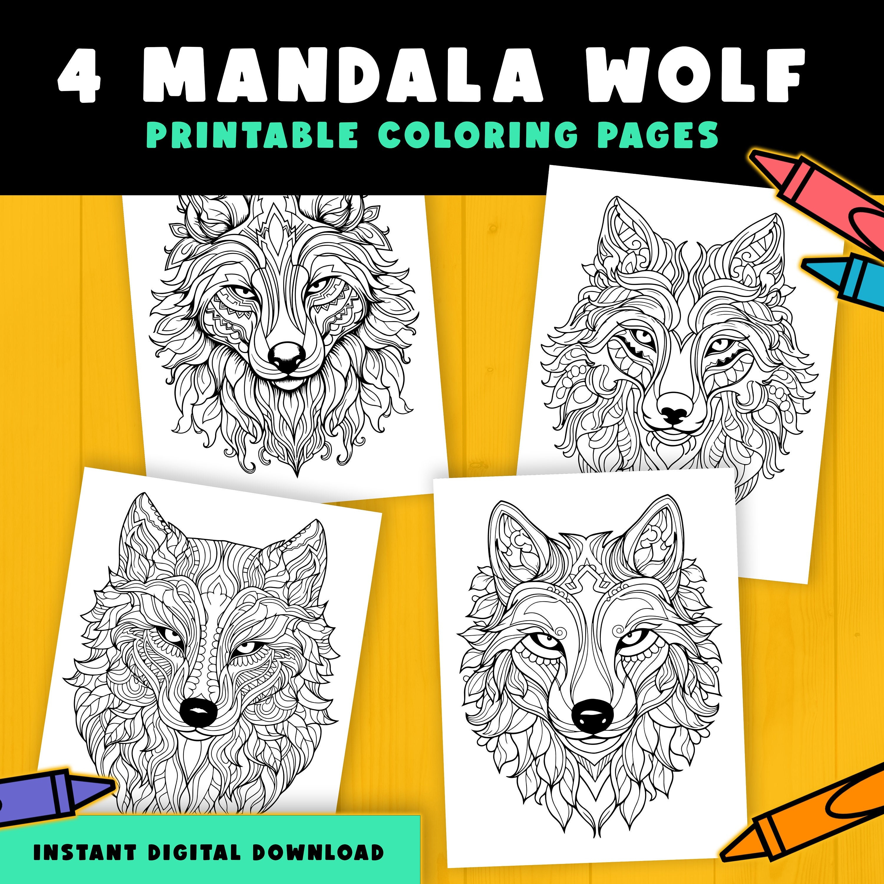 4 Mandala Wolf Coloring Pages for Kids, Printable File, Digital Files ...