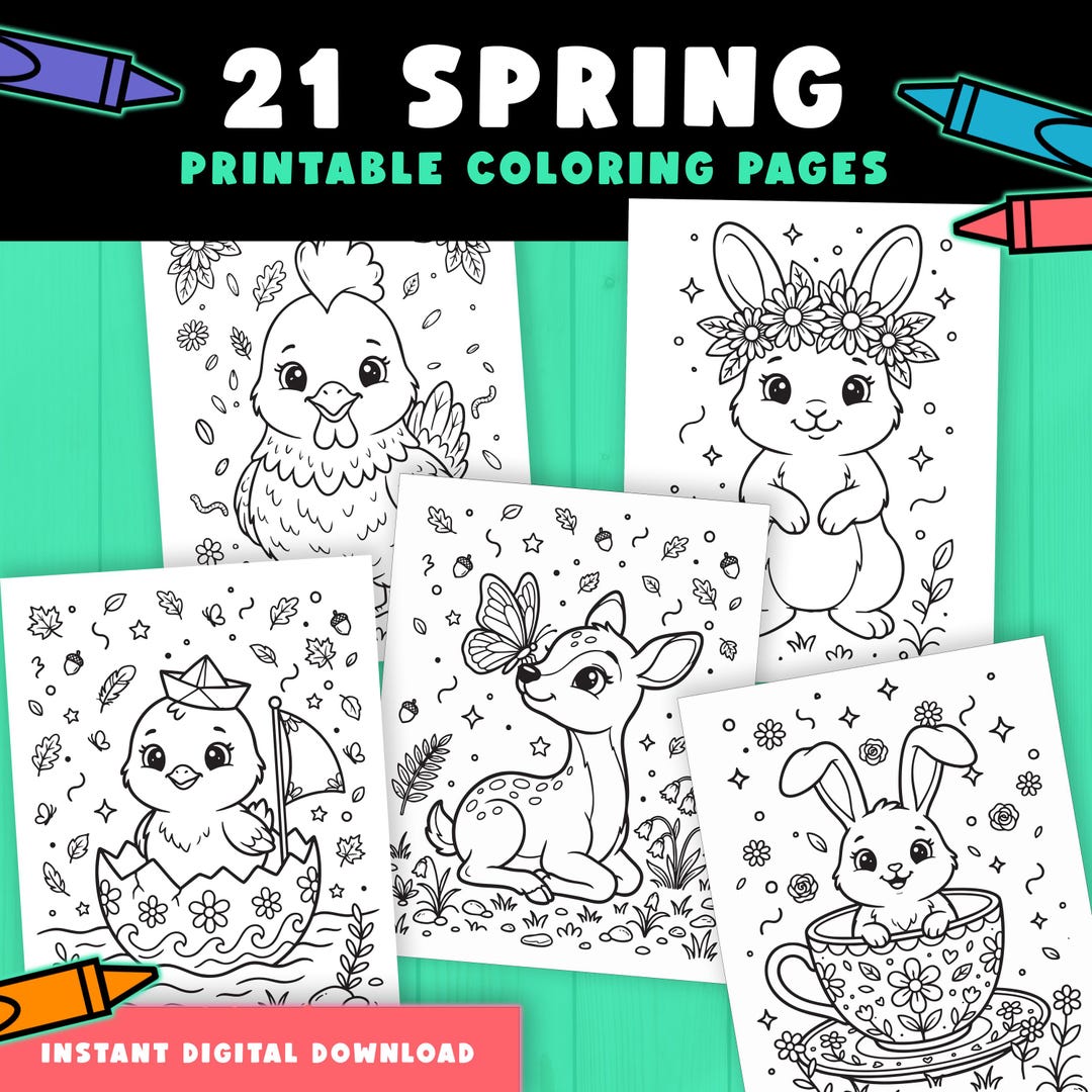 Easter Spring Coloring Pages for Kids, Kawaii Animals (digital Download ...