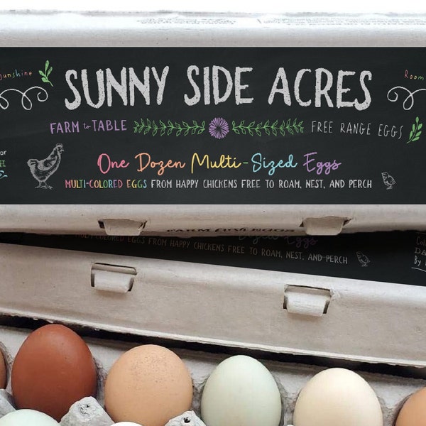 Étiquettes en carton d’œufs, douzaine de style tableau noir, arc-en-ciel, coloré, personnalisé et imprimé, bricolage, ferme, ferme fraîche, libre parcours, imprimable