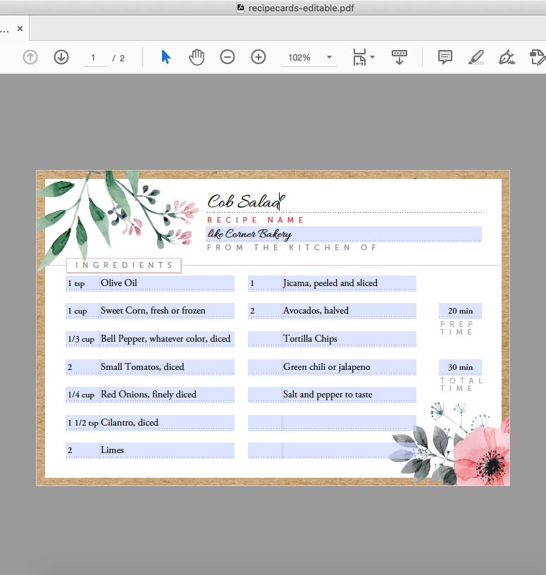 Floral Printable Recipe Cards Double Sided Editable PDF, Diy, Recipe