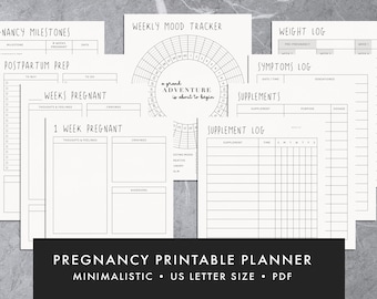 Pregnancy Printables - Minimalist Downloadable journal, weekly log, new mom gift, milestones, mood tracker, pregnant printable for moms