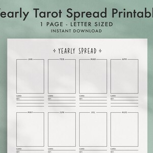 Diffusione annuale dei Tarocchi stampabile / Stampe di inserimento pianificatore / File digitali Witch Grimoire / Pagina singola / 12 mesi