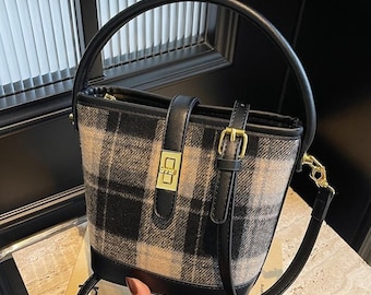 Plaid Bucket Bag, Tartan Handbag, Top Handle Purse, Crossbody Bag, Fall Winter Bag, Red Brown Black Shoulder Bag, Gift for Her