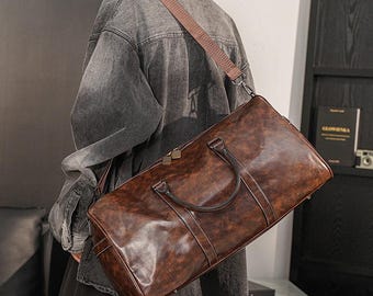 Men's Leather Duffel Bag, Travel Carry-On & Gym Sports Bag
