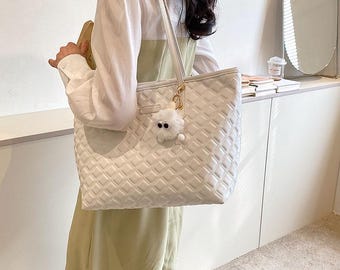 Quilted Shoulder Bag for Women, Diamond Pattern Daily Tote Handbag