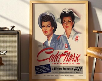 Affiche 1944 du corps d'infirmières des cadets des États-Unis | Impression de recrutement pendant la Seconde Guerre mondiale | Impression d'art murale d'allaitement vintage