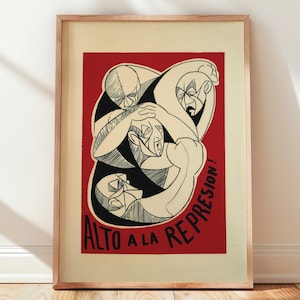 Plakat „Alto a la Represión” – sztuka protestu antyrepresyjnego z 1965 r. – grafika polityczna w stylu vintage