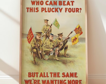 Cartaz de recrutamento do Exército Britânico da Primeira Guerra Mundial: "Plucky Four" - Impressão de propaganda militar vintage