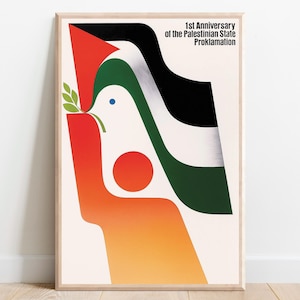 Palestinian Statehood Poster – 1st Anniversary Dove & Flag Design | 1989 Modernist Peace Artwork