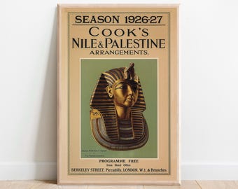 Vintage 1926–27 Cook’s Travel Poster – Nile & Palestine Tours | Tutankhamun Mask | Antique Tourism Print