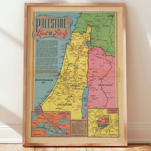 Mapa de Palestina de 1945, tierra de conflictos / Lámina histórica antigua de Sundberg / Arte mural palestino