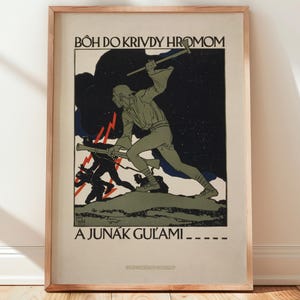 May include: Framed vintage poster with a Czech design. The artwork features a running figure wielding a weapon, with text at the top and bottom. The color palette includes shades of green, black, and red, with a light tan background.