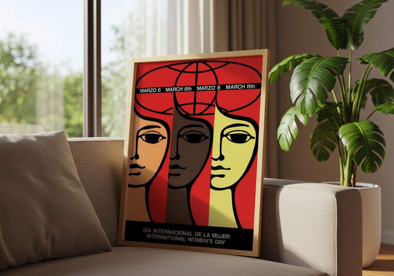 May include: A framed poster featuring a graphic illustration of three stylized faces in orange, brown, and yellow against a red background. The text reads MARZO 8, MARCH 8th, and DIA INTERNACIONAL DE LA MUJER INTERNATIONAL WOMEN'S DAY.