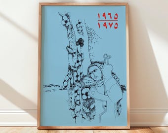 May include: A rectangular wall art print in a light wooden frame featuring a light blue background with black line art of a person and a tree. The text 1965 over 1975 is printed in red in the upper right corner of the light blue print.