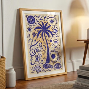 Mystieke oog- en palmboomprint: indigo boho surrealistische muurkunst