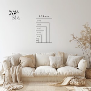 Puede incluir: Un gr&aacute;fico que muestra las proporciones de arte mural con dimensiones en pulgadas. El texto "WALL ART Ratios" est&aacute; en una fuente cursiva. La proporci&oacute;n 2:3 se muestra con los tama&ntilde;os: 61x91cm, 51x76cm, 41x61cm, 30x46cm, 20x30cm y 10x15cm.