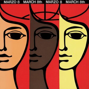 May include: A graphic poster featuring three stylized faces in orange, brown, and yellow against a red background. Above the faces is a black globe outline. Text reads: MARZO 8 MARCH 8th MARZO 8 MARCH 8th and DIA INTERNACIONAL DE LA MUJER INTERNATIONAL WOMEN'S DAY.