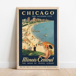 Chicago semesterstadsaffisch | Illinois Central Railroad | Lake Michigan Beach | Vintageresor