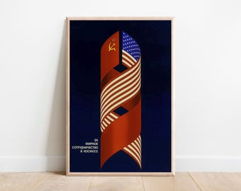 Por la cooperación pacífica en el espacio: cartel vintage de propaganda soviético-estadounidense