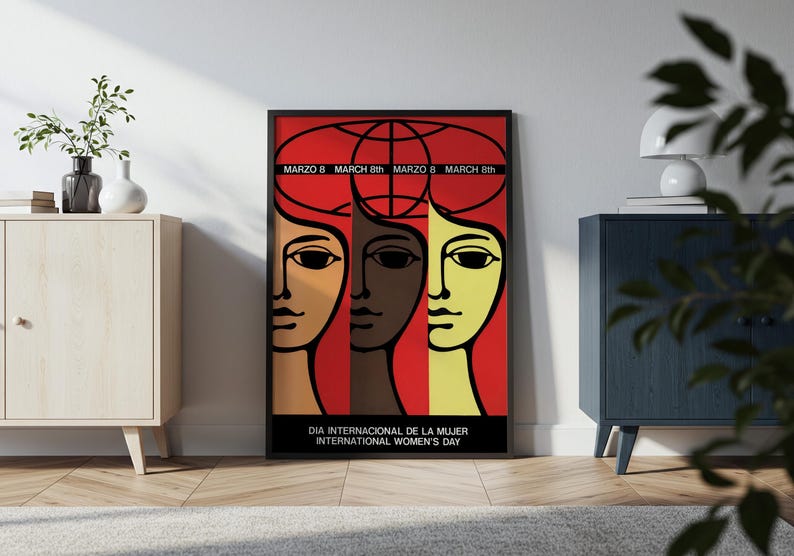 May include: A framed rectangular poster featuring three stylized faces in tan, brown, and yellow against a red background. Above the faces is a globe graphic and the text MARZO 8 MARCH 8th. Below is the text DIA INTERNACIONAL DE LA MUJER INTERNATIONAL WOMEN'S DAY.